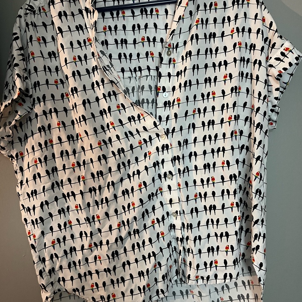 Jane and Delancey Women's Button-Up Shirt - Black, White, and Orange parrots